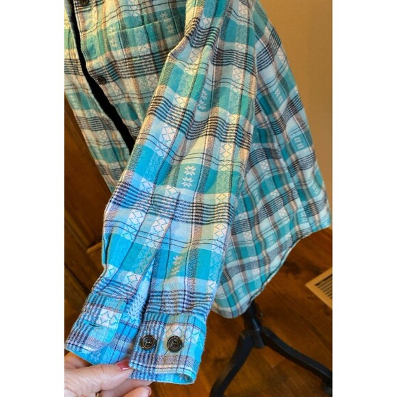 Fashion Bug Button Down Blouse Size 14 16 Turquoise Plaid Stripes 100% Cotton - Picture 4 of 9